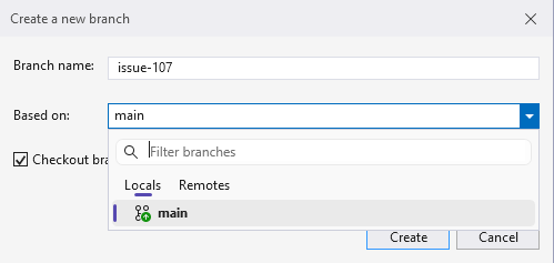 Visual Studio 2026 Create New Branch