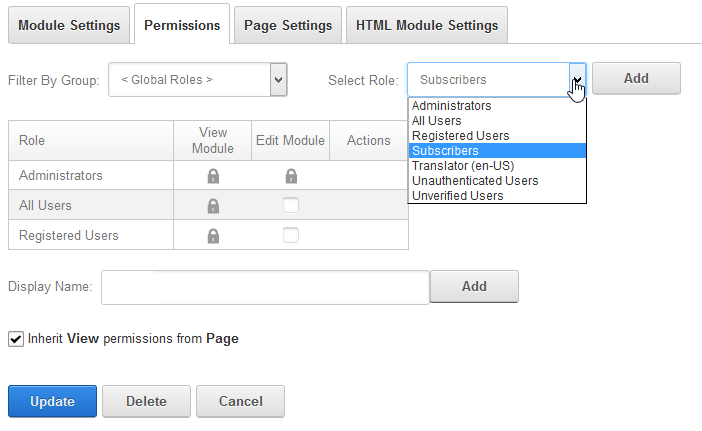 A module's permissions screen