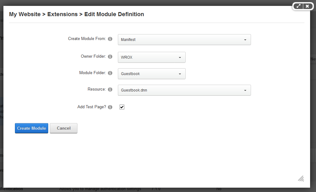 Figure 15: Creating the module definition in DNN.