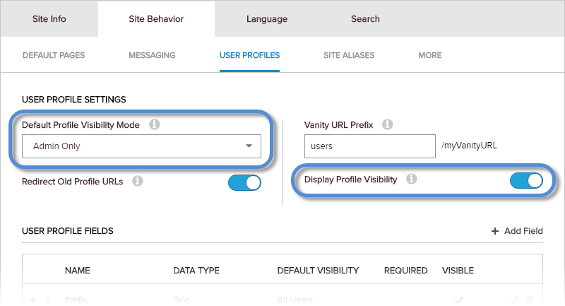 Site Settings > Site Behavior > User Profiles — visibility settings